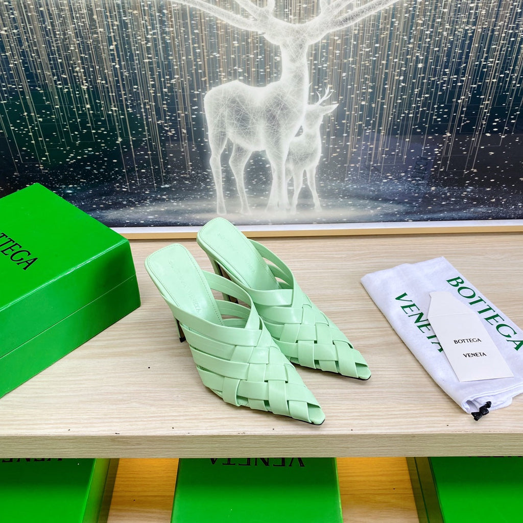 BOTTEGA VENETA ALFIE LEATHER HIGH MULES IN GREEN MINT CALFSKIN WITH WOVEN DESIGN