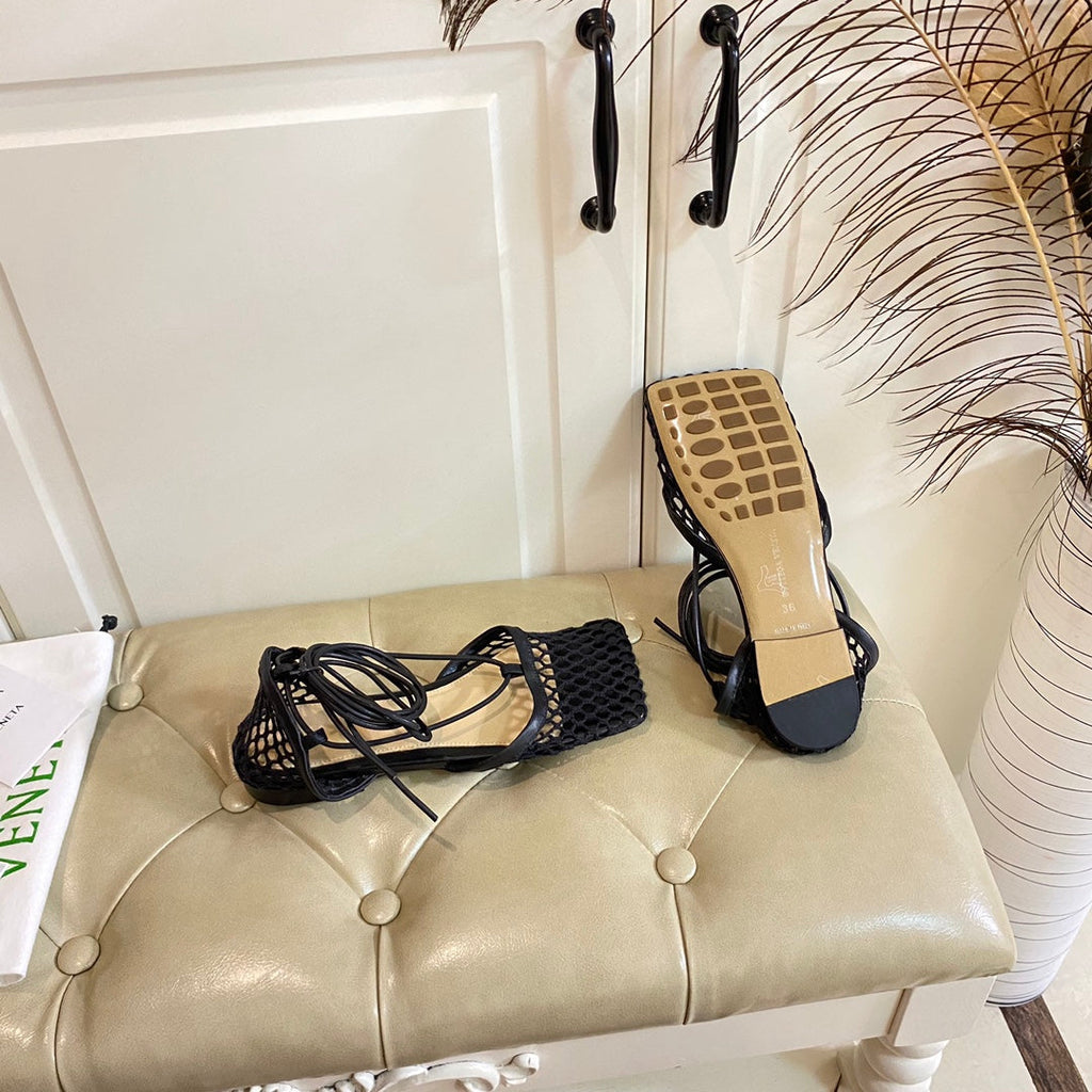 BOTTEGA VENETA STRETCH LACE-UP FLAT SANDAL IN BLACK METALLIZED MESH AND LEATHER