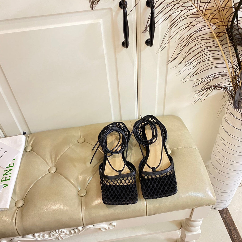 BOTTEGA VENETA STRETCH LACE-UP FLAT SANDAL IN BLACK METALLIZED MESH AND LEATHER