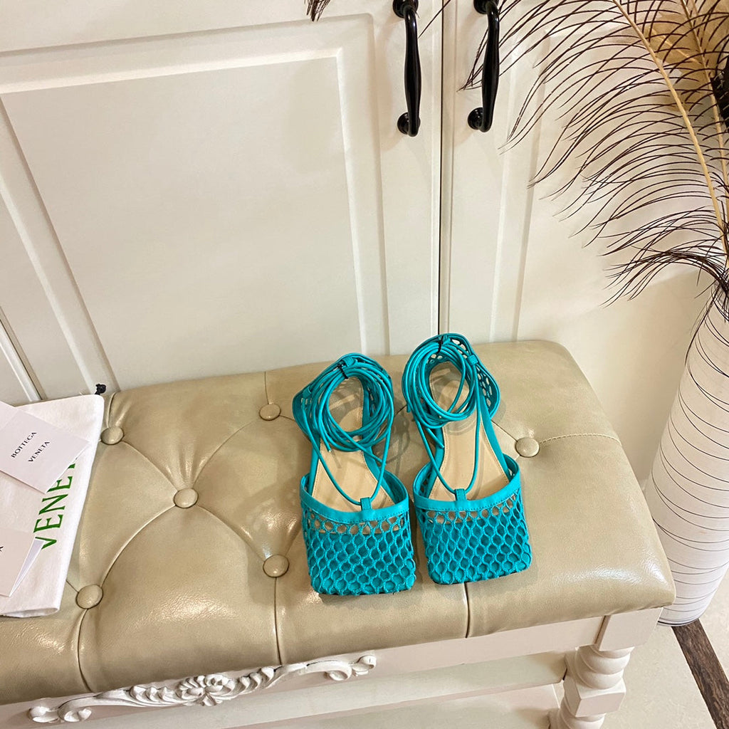 BOTTEGA VENETA STRETCH LACE-UP FLAT SANDAL IN CERULEAN BLUE METALLIZED MESH AND LEATHER
