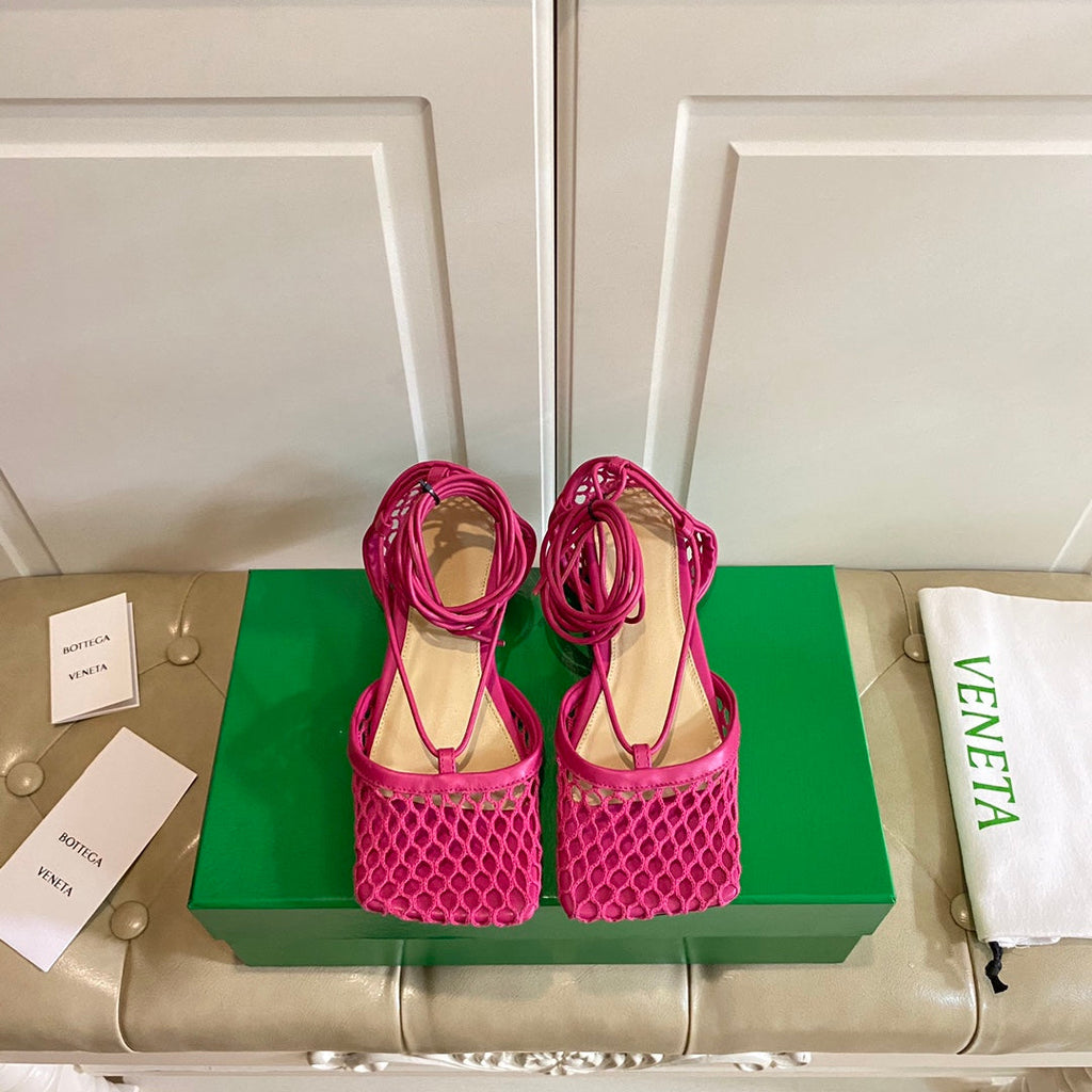 BOTTEGA VENETA STRETCH LACE-UP FLAT SANDAL IN BRIGHT PINK METALLIZED MESH AND LEATHER