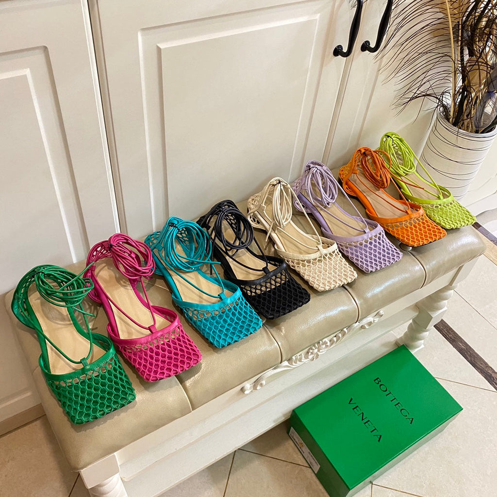 BOTTEGA VENETA STRETCH LACE-UP FLAT SANDAL IN COOL GREEN METALLIZED MESH AND LEATHER
