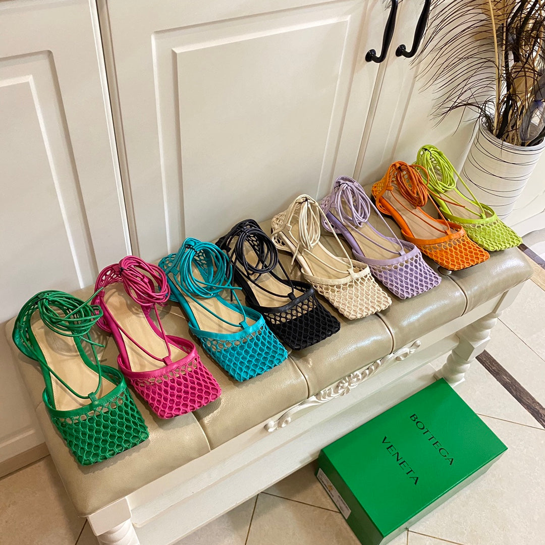 BOTTEGA VENETA STRETCH LACE-UP FLAT SANDAL IN COOL GREEN METALLIZED MESH AND LEATHER