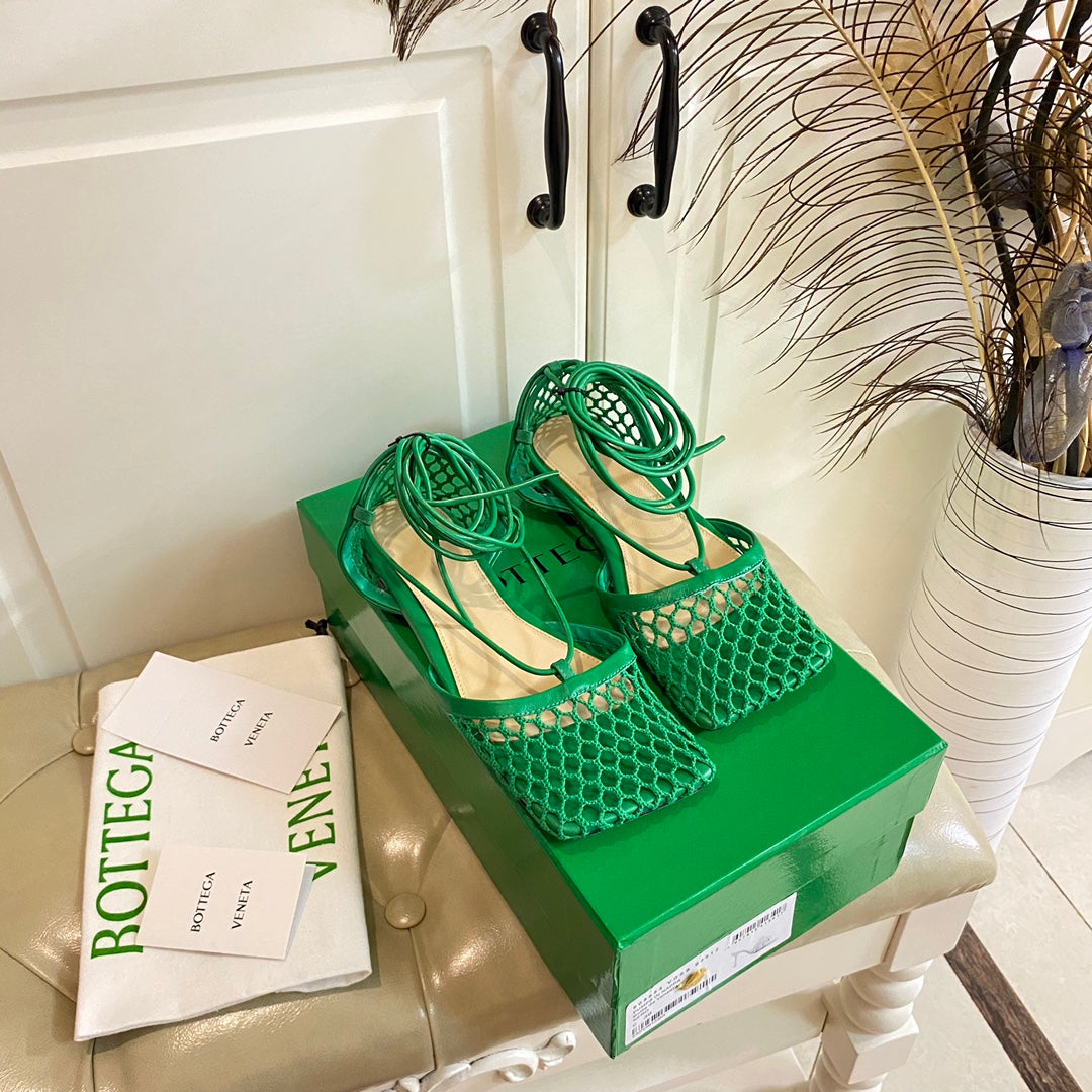 BOTTEGA VENETA STRETCH LACE-UP FLAT SANDAL IN COOL GREEN METALLIZED MESH AND LEATHER