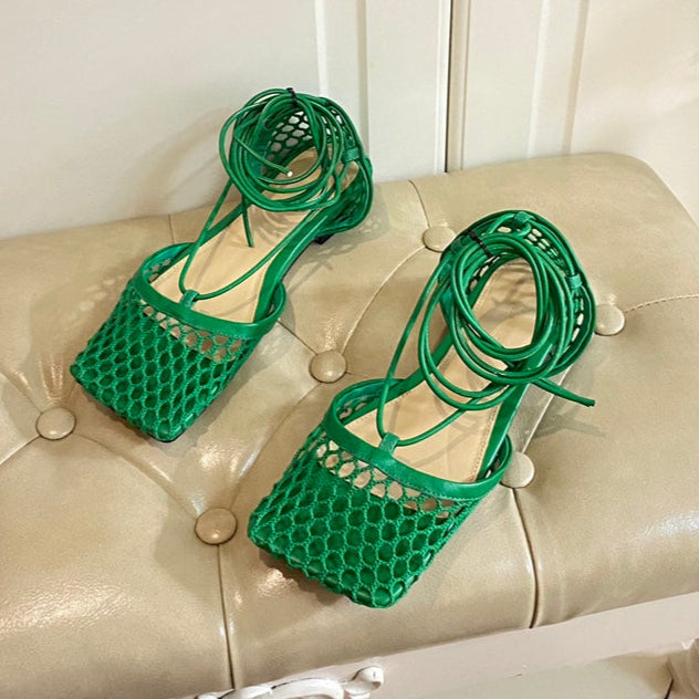 BOTTEGA VENETA STRETCH LACE-UP FLAT SANDAL IN COOL GREEN METALLIZED MESH AND LEATHER