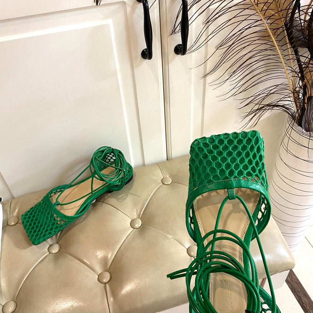 BOTTEGA VENETA STRETCH LACE-UP FLAT SANDAL IN COOL GREEN METALLIZED MESH AND LEATHER