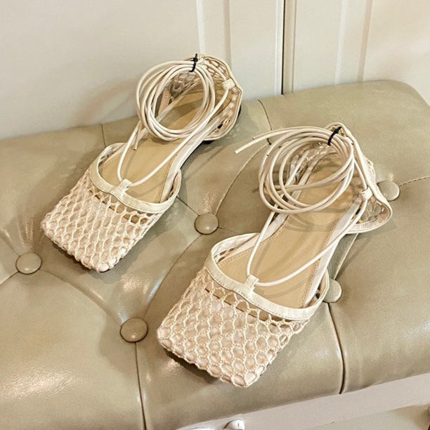 BOTTEGA VENETA STRETCH LACE-UP FLAT SANDAL IN WHITE CREAM METALLIZED MESH AND LEATHER