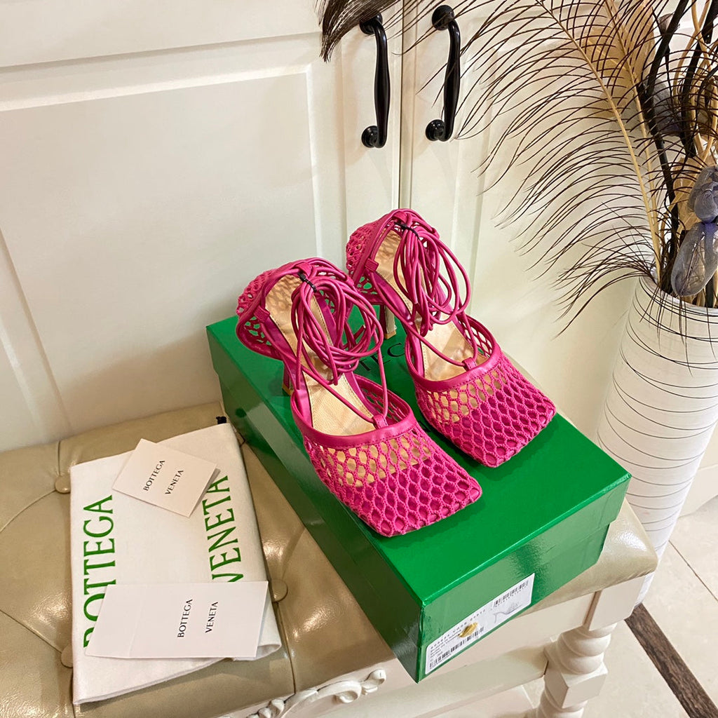 BOTTEGA VENETA STRETCH LACE-UP SANDAL IN BRIGHT PINK METALLIZED MESH AND LEATHER 9 CM