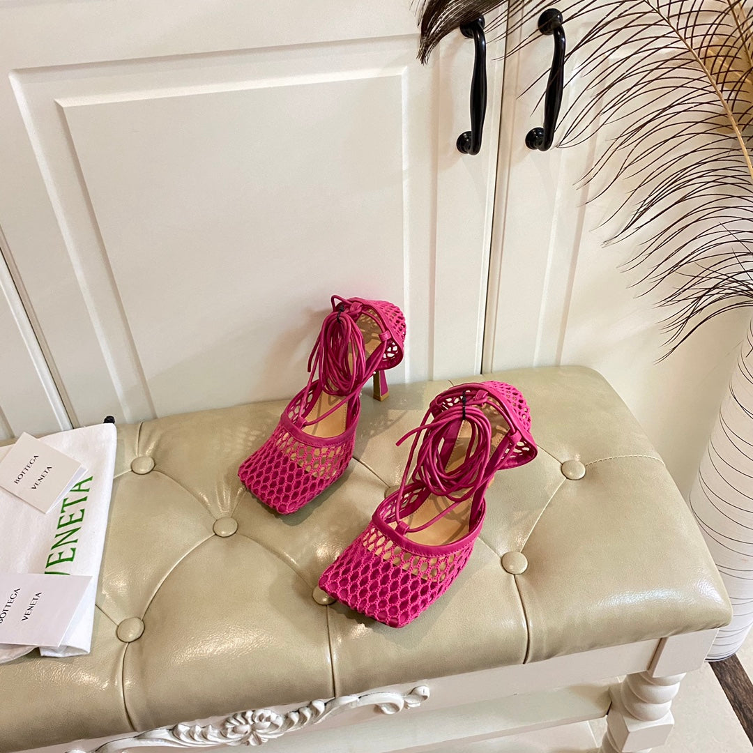 BOTTEGA VENETA STRETCH LACE-UP SANDAL IN BRIGHT PINK METALLIZED MESH AND LEATHER 9 CM