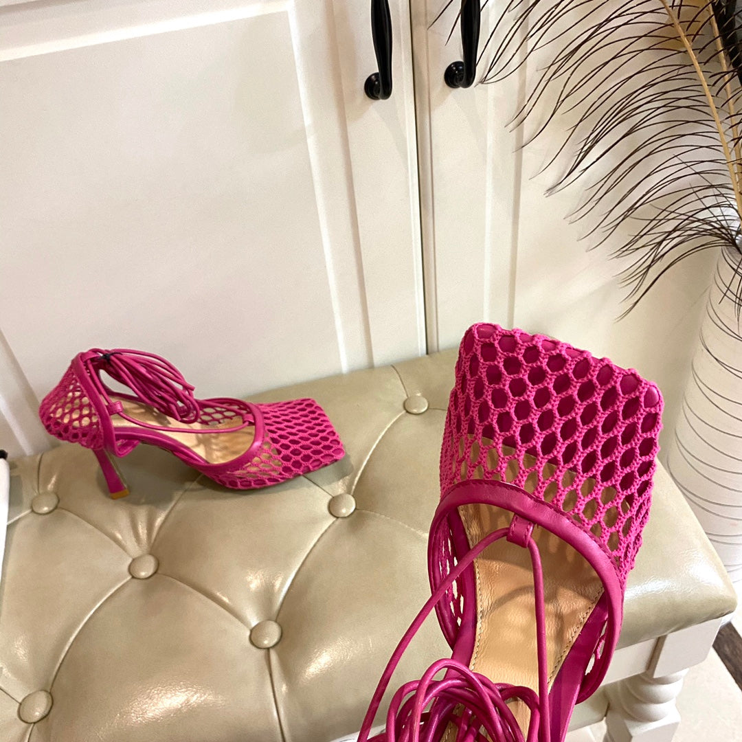 BOTTEGA VENETA STRETCH LACE-UP SANDAL IN BRIGHT PINK METALLIZED MESH AND LEATHER 9 CM