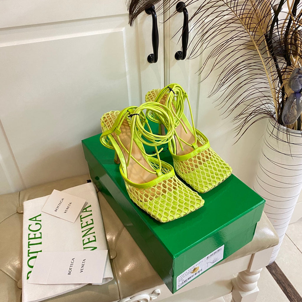 BOTTEGA VENETA STRETCH LACE-UP SANDAL IN NEON GREEN METALLIZED MESH AND LEATHER 9 CM