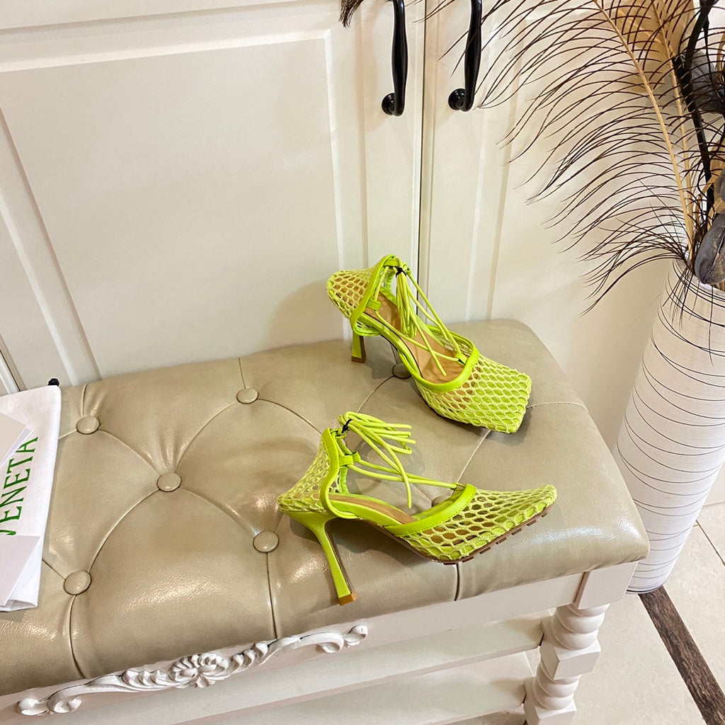 BOTTEGA VENETA STRETCH LACE-UP SANDAL IN NEON GREEN METALLIZED MESH AND LEATHER 9 CM