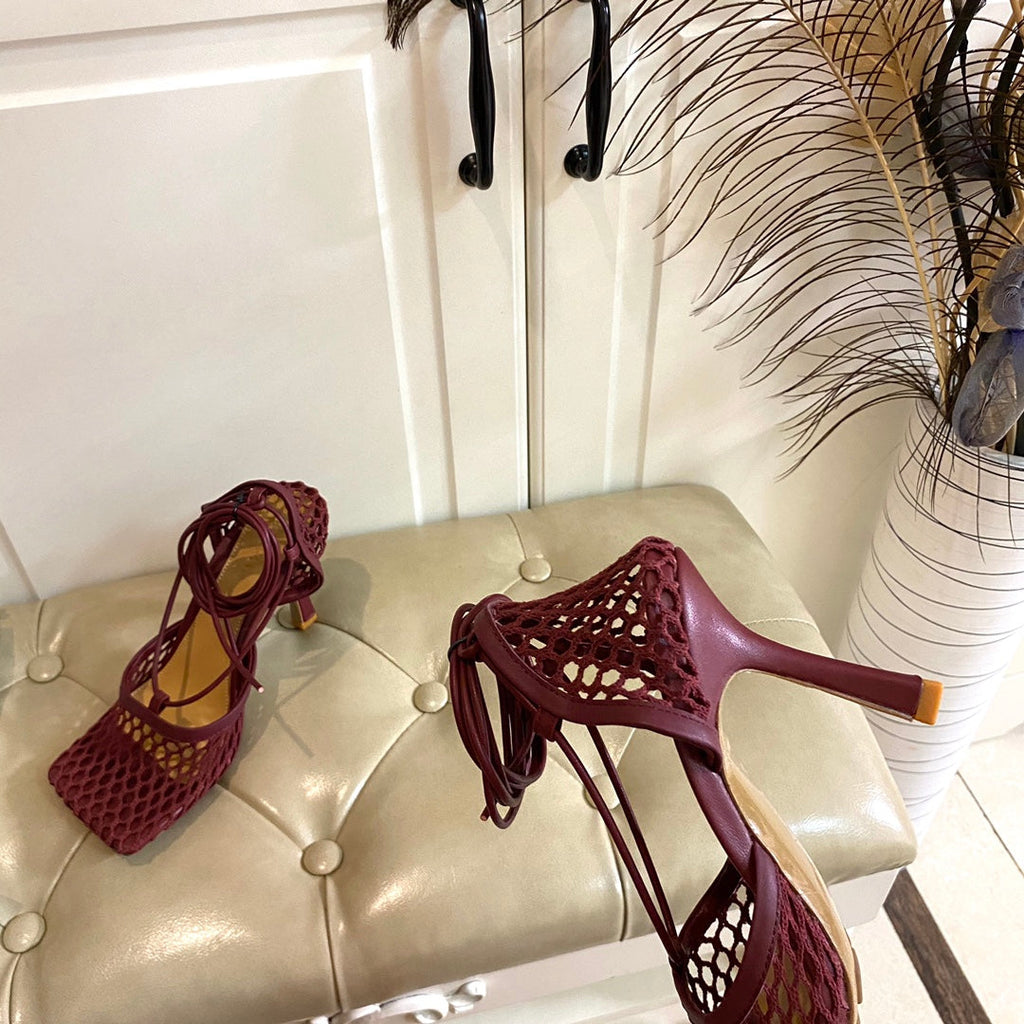 BOTTEGA VENETA STRETCH LACE-UP SANDAL IN WINE RED METALLIZED MESH AND LEATHER 9 CM
