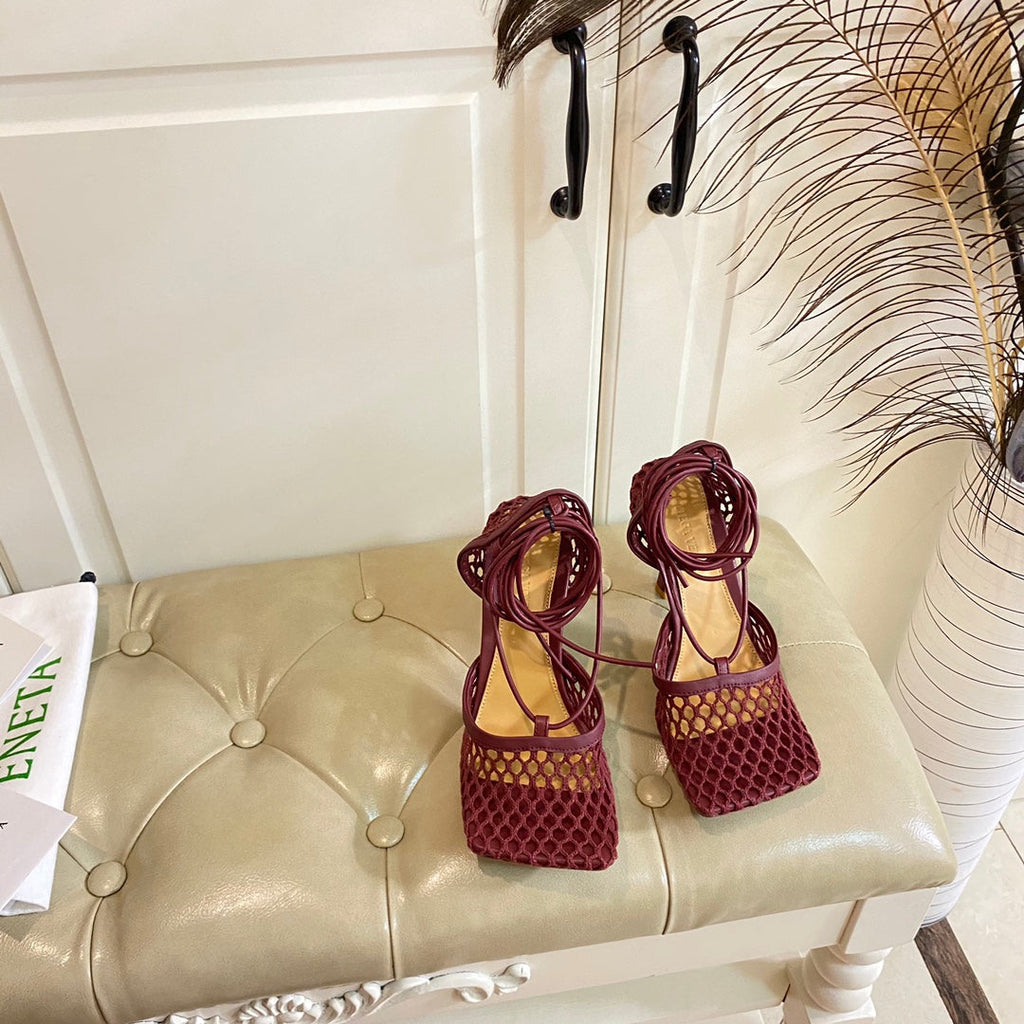 BOTTEGA VENETA STRETCH LACE-UP SANDAL IN WINE RED METALLIZED MESH AND LEATHER 9 CM