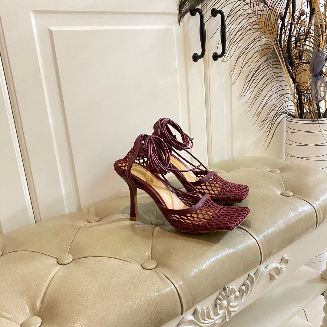 BOTTEGA VENETA STRETCH LACE-UP SANDAL IN WINE RED METALLIZED MESH AND LEATHER 9 CM