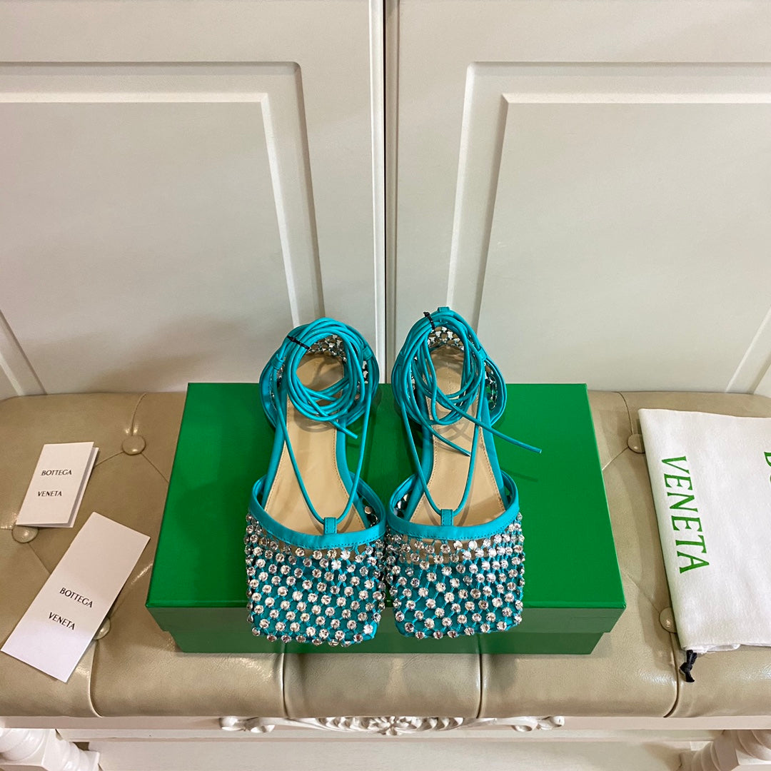 BOTTEGA VENETA LACE-UP FLAT SANDAL IN CERULEAN BLUE METALLIZED MESH AND LEATHER WITH RHINSTONES