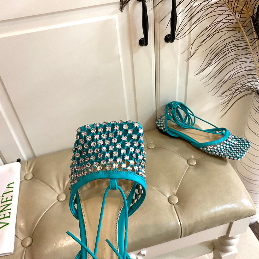 BOTTEGA VENETA LACE-UP FLAT SANDAL IN CERULEAN BLUE METALLIZED MESH AND LEATHER WITH RHINSTONES
