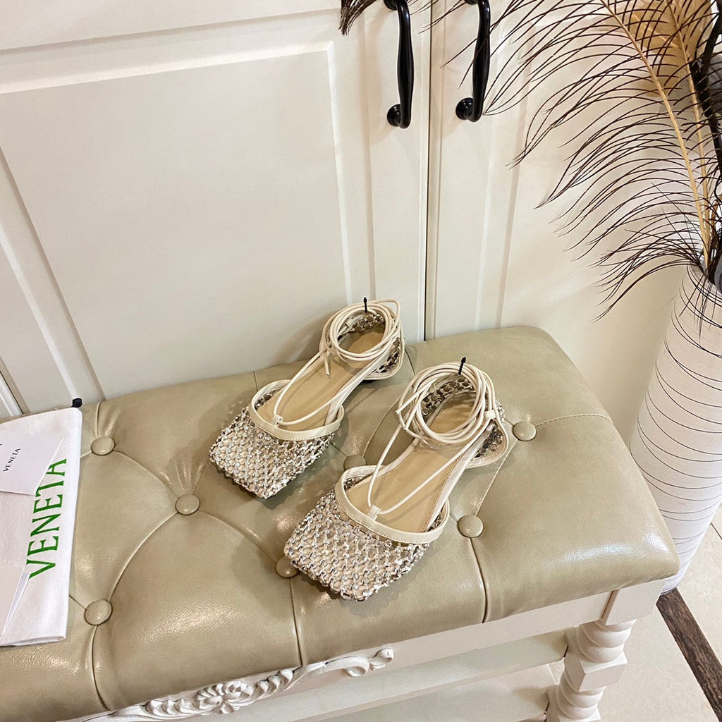 BOTTEGA VENETA LACE-UP FLAT SANDAL IN WHITE CREAM METALLIZED MESH AND LEATHER WITH RHINSTONES