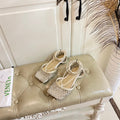 BOTTEGA VENETA LACE-UP FLAT SANDAL IN WHITE CREAM METALLIZED MESH AND LEATHER WITH RHINSTONES