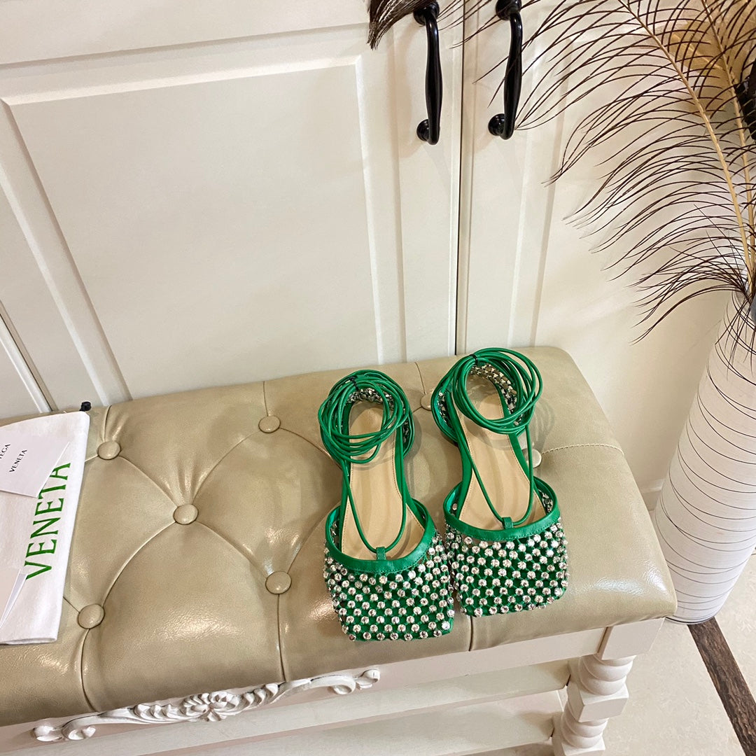 BOTTEGA VENETA LACE-UP FLAT SANDAL IN COOL GREEN METALLIZED MESH AND LEATHER WITH RHINSTONES