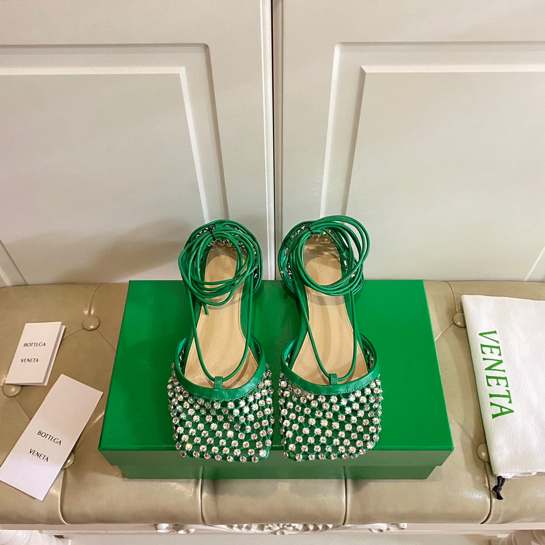 BOTTEGA VENETA LACE-UP FLAT SANDAL IN COOL GREEN METALLIZED MESH AND LEATHER WITH RHINSTONES