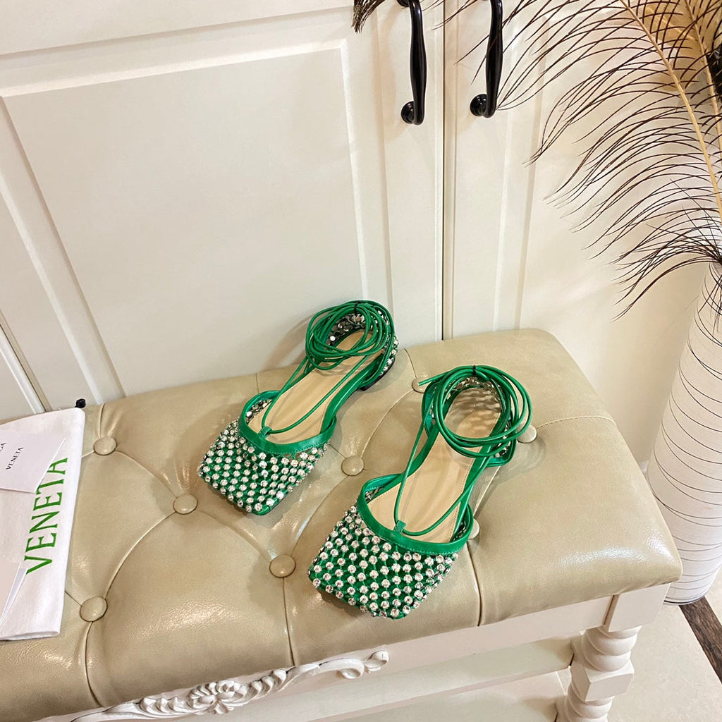BOTTEGA VENETA LACE-UP FLAT SANDAL IN COOL GREEN METALLIZED MESH AND LEATHER WITH RHINSTONES