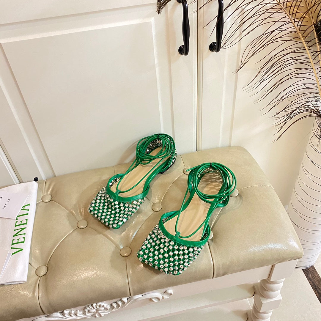 BOTTEGA VENETA LACE-UP FLAT SANDAL IN COOL GREEN METALLIZED MESH AND LEATHER WITH RHINSTONES