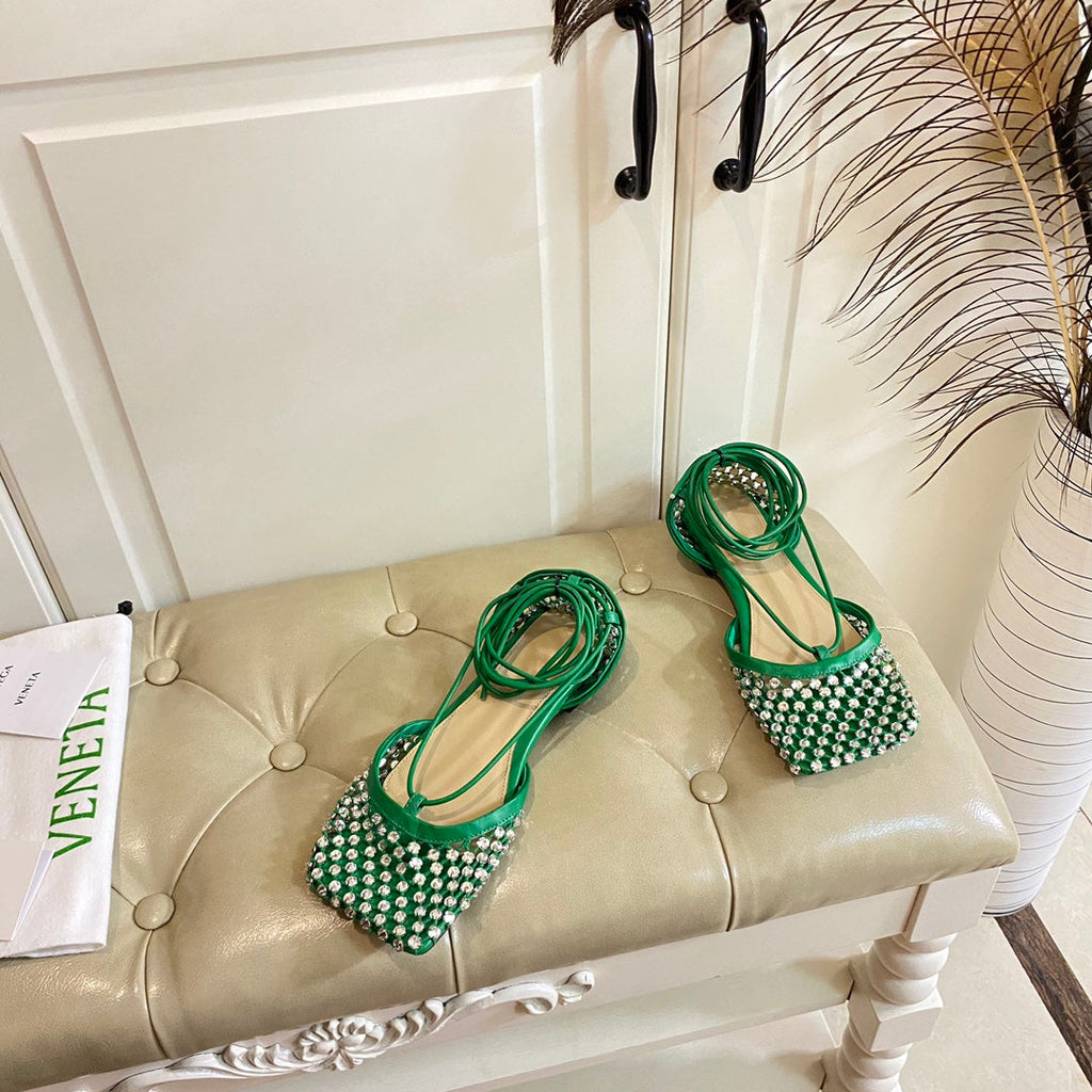 BOTTEGA VENETA LACE-UP FLAT SANDAL IN COOL GREEN METALLIZED MESH AND LEATHER WITH RHINSTONES