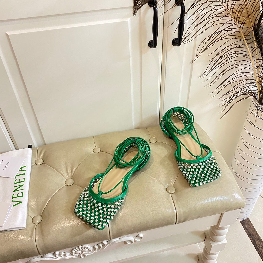 BOTTEGA VENETA LACE-UP FLAT SANDAL IN COOL GREEN METALLIZED MESH AND LEATHER WITH RHINSTONES