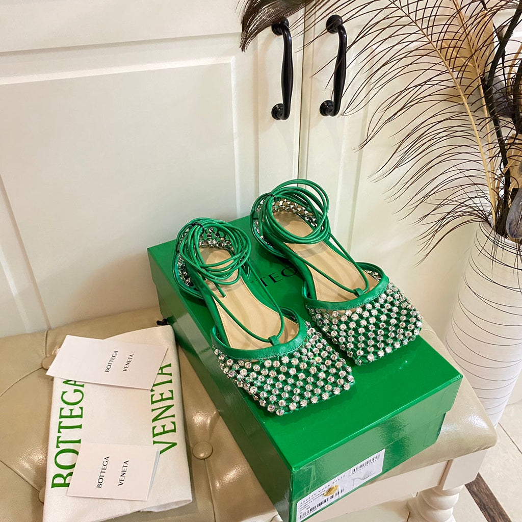 BOTTEGA VENETA LACE-UP FLAT SANDAL IN COOL GREEN METALLIZED MESH AND LEATHER WITH RHINSTONES
