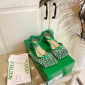 BOTTEGA VENETA LACE-UP FLAT SANDAL IN COOL GREEN METALLIZED MESH AND LEATHER WITH RHINSTONES