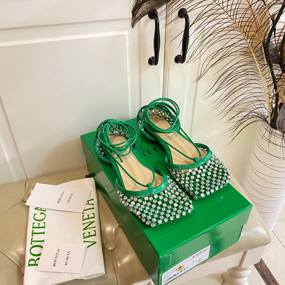 BOTTEGA VENETA LACE-UP FLAT SANDAL IN COOL GREEN METALLIZED MESH AND LEATHER WITH RHINSTONES