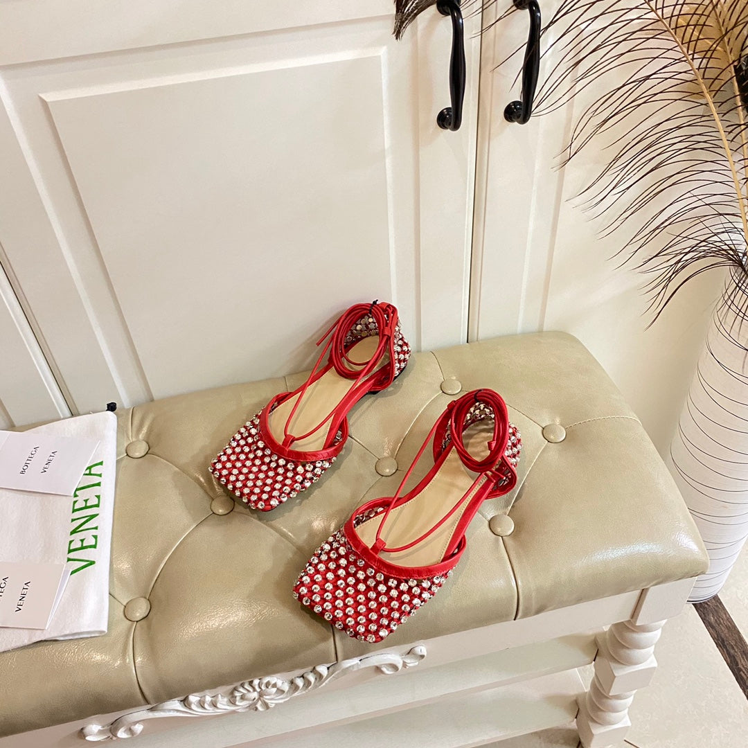 BOTTEGA VENETA LACE-UP FLAT SANDAL IN RUBY RED METALLIZED MESH AND LEATHER WITH RHINSTONES