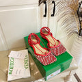 BOTTEGA VENETA LACE-UP FLAT SANDAL IN RUBY RED METALLIZED MESH AND LEATHER WITH RHINSTONES