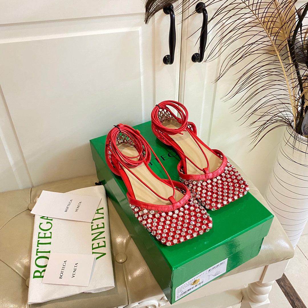 BOTTEGA VENETA LACE-UP FLAT SANDAL IN RUBY RED METALLIZED MESH AND LEATHER WITH RHINSTONES