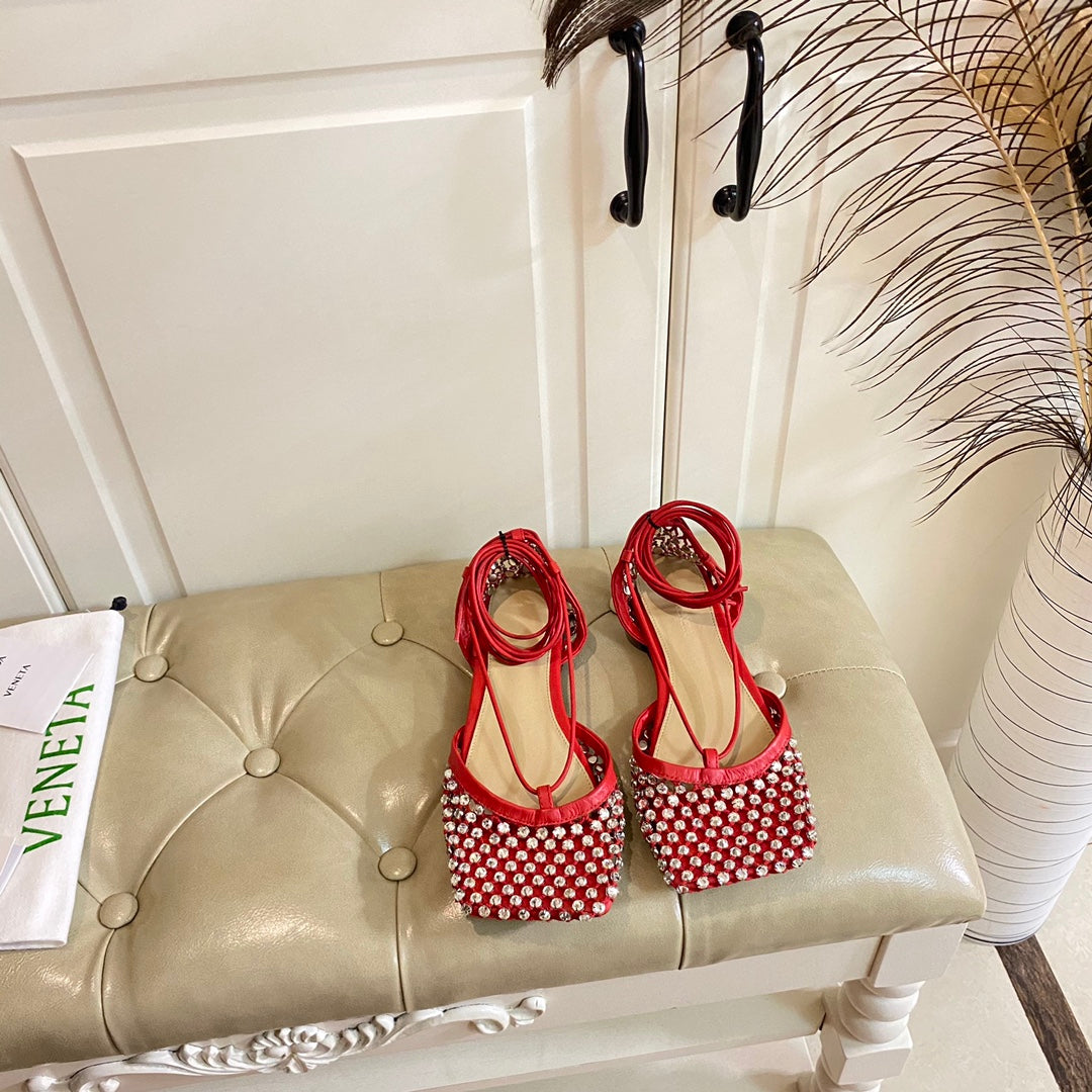 BOTTEGA VENETA LACE-UP FLAT SANDAL IN RUBY RED METALLIZED MESH AND LEATHER WITH RHINSTONES