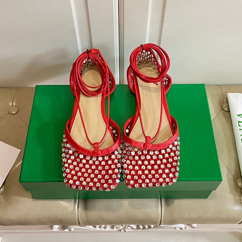 BOTTEGA VENETA LACE-UP FLAT SANDAL IN RUBY RED METALLIZED MESH AND LEATHER WITH RHINSTONES
