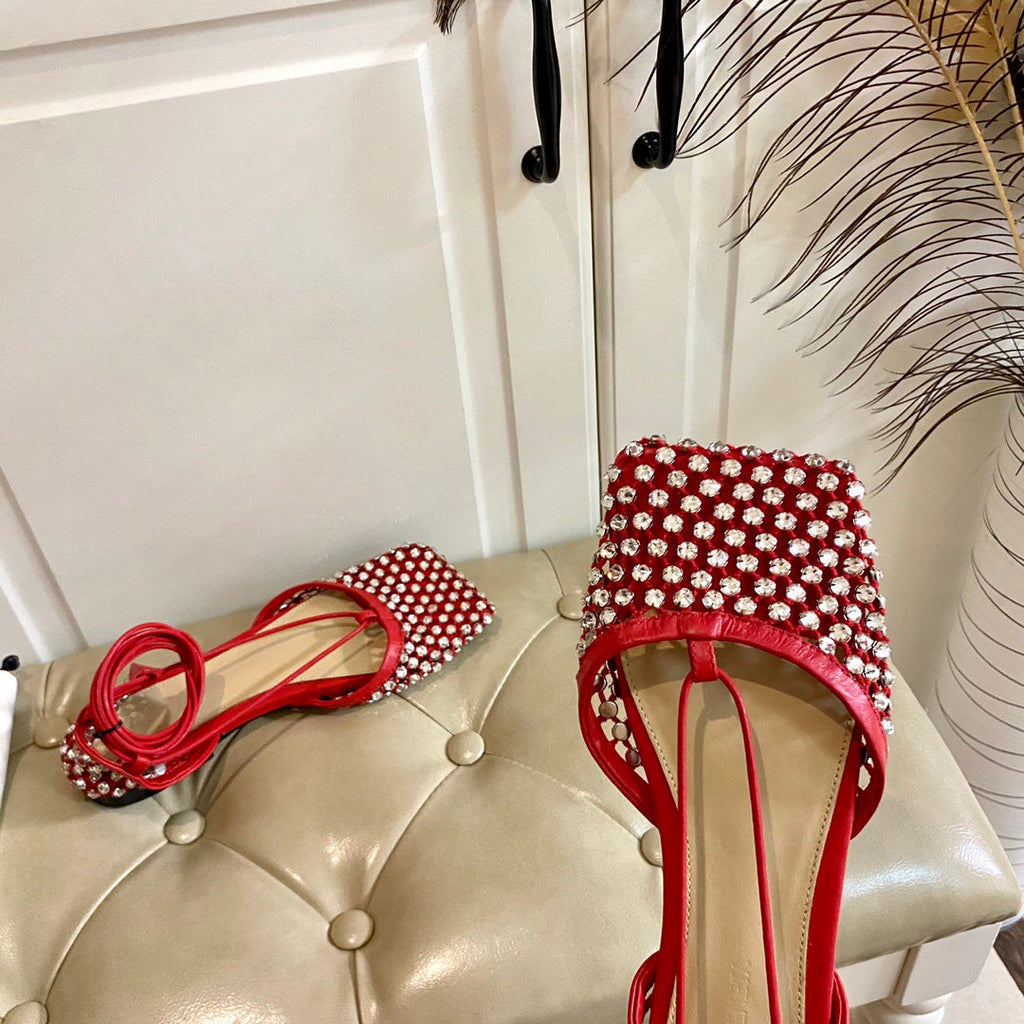 BOTTEGA VENETA LACE-UP FLAT SANDAL IN RUBY RED METALLIZED MESH AND LEATHER WITH RHINSTONES