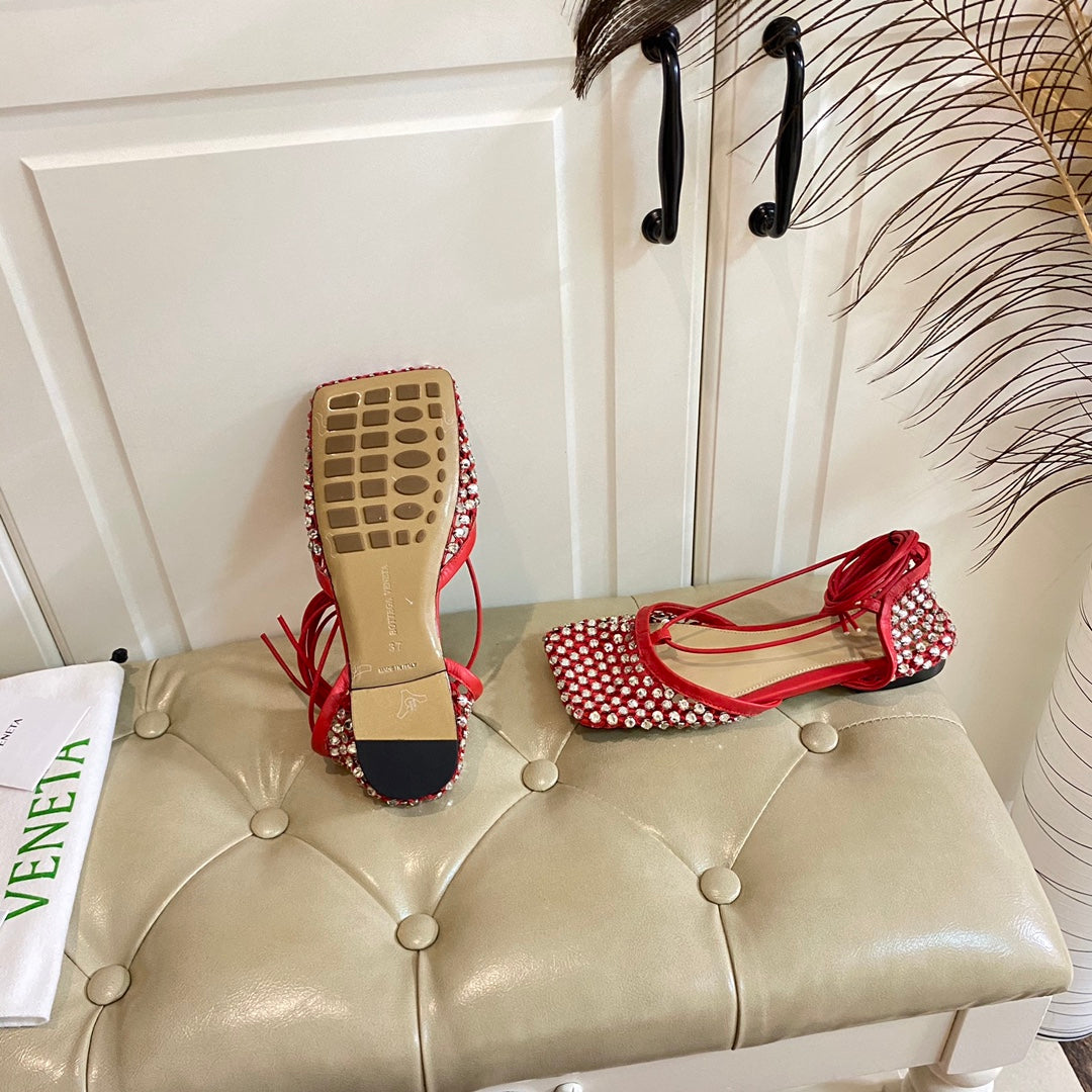 BOTTEGA VENETA LACE-UP FLAT SANDAL IN RUBY RED METALLIZED MESH AND LEATHER WITH RHINSTONES