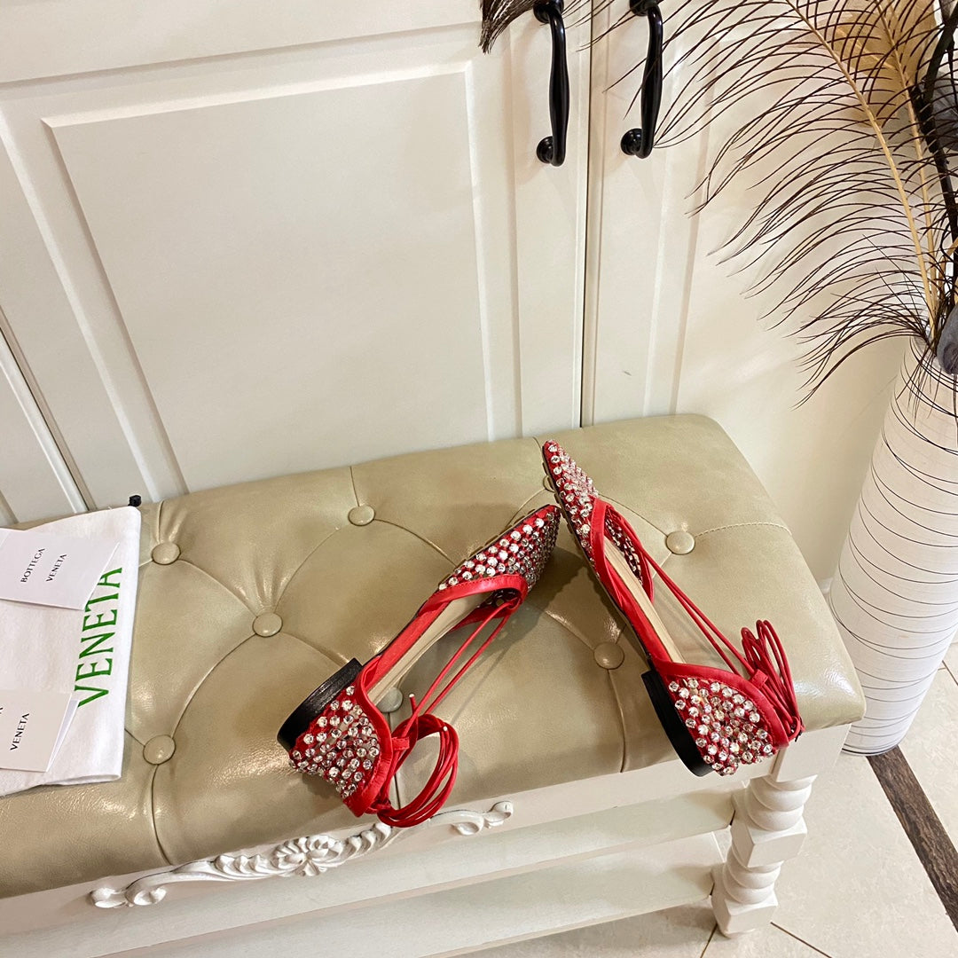 BOTTEGA VENETA LACE-UP FLAT SANDAL IN RUBY RED METALLIZED MESH AND LEATHER WITH RHINSTONES