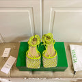 BOTTEGA VENETA LACE-UP FLAT SANDAL IN NEON YELLOW METALLIZED MESH AND LEATHER WITH RHINSTONES