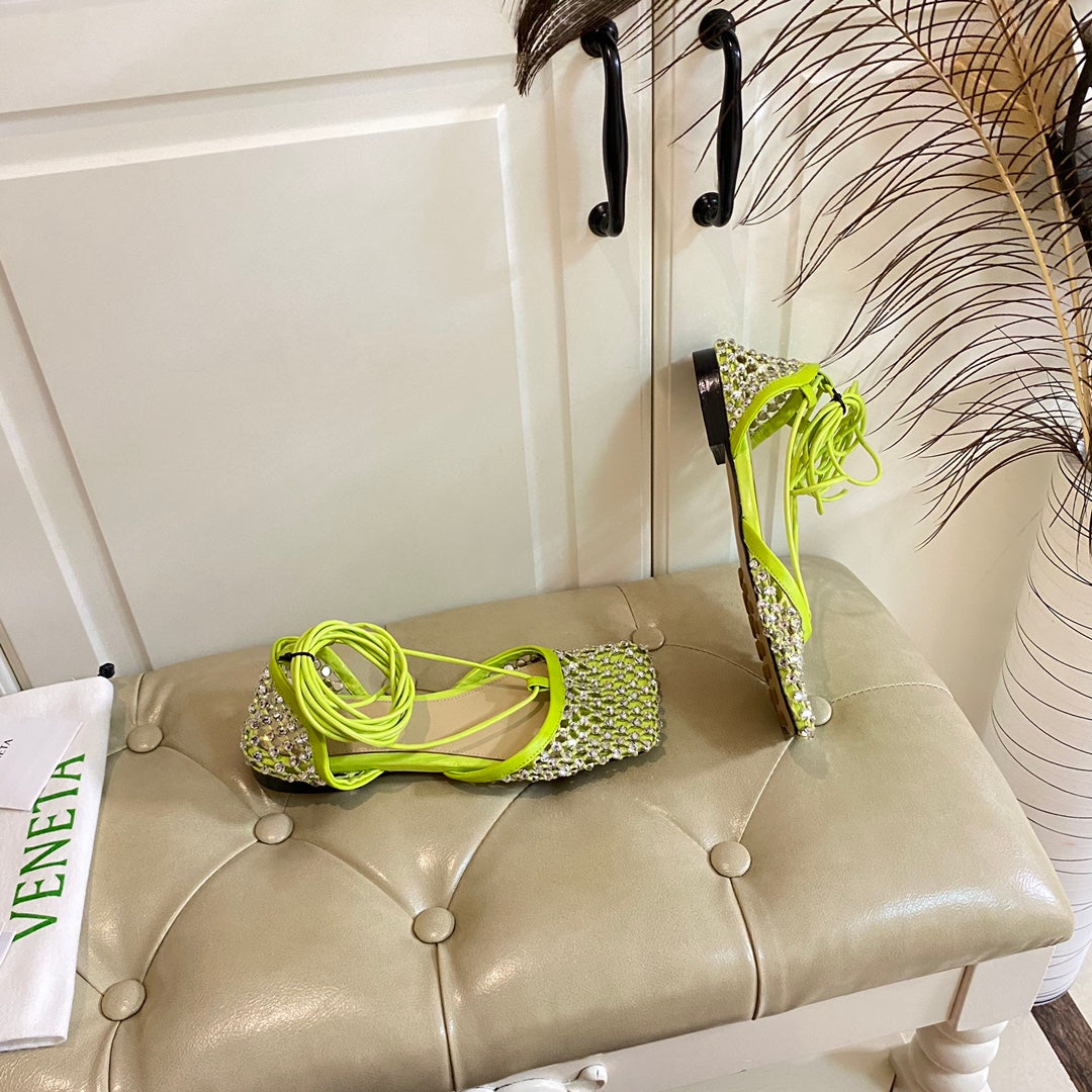 BOTTEGA VENETA LACE-UP FLAT SANDAL IN NEON YELLOW METALLIZED MESH AND LEATHER WITH RHINSTONES