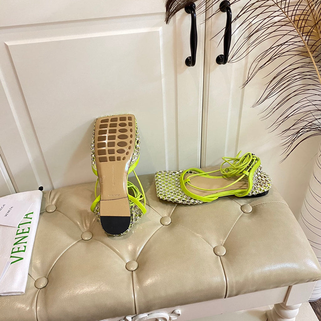 BOTTEGA VENETA LACE-UP FLAT SANDAL IN NEON YELLOW METALLIZED MESH AND LEATHER WITH RHINSTONES