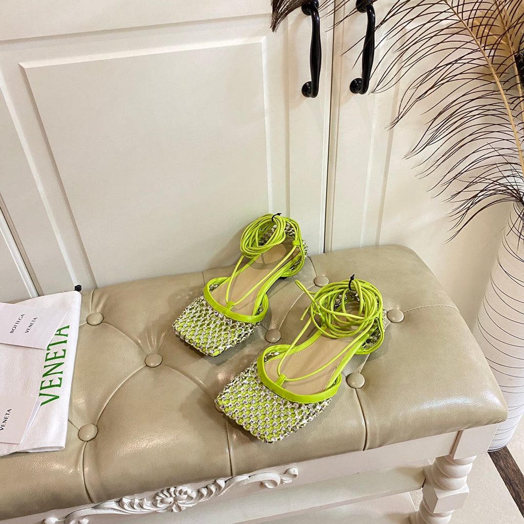 BOTTEGA VENETA LACE-UP FLAT SANDAL IN NEON YELLOW METALLIZED MESH AND LEATHER WITH RHINSTONES