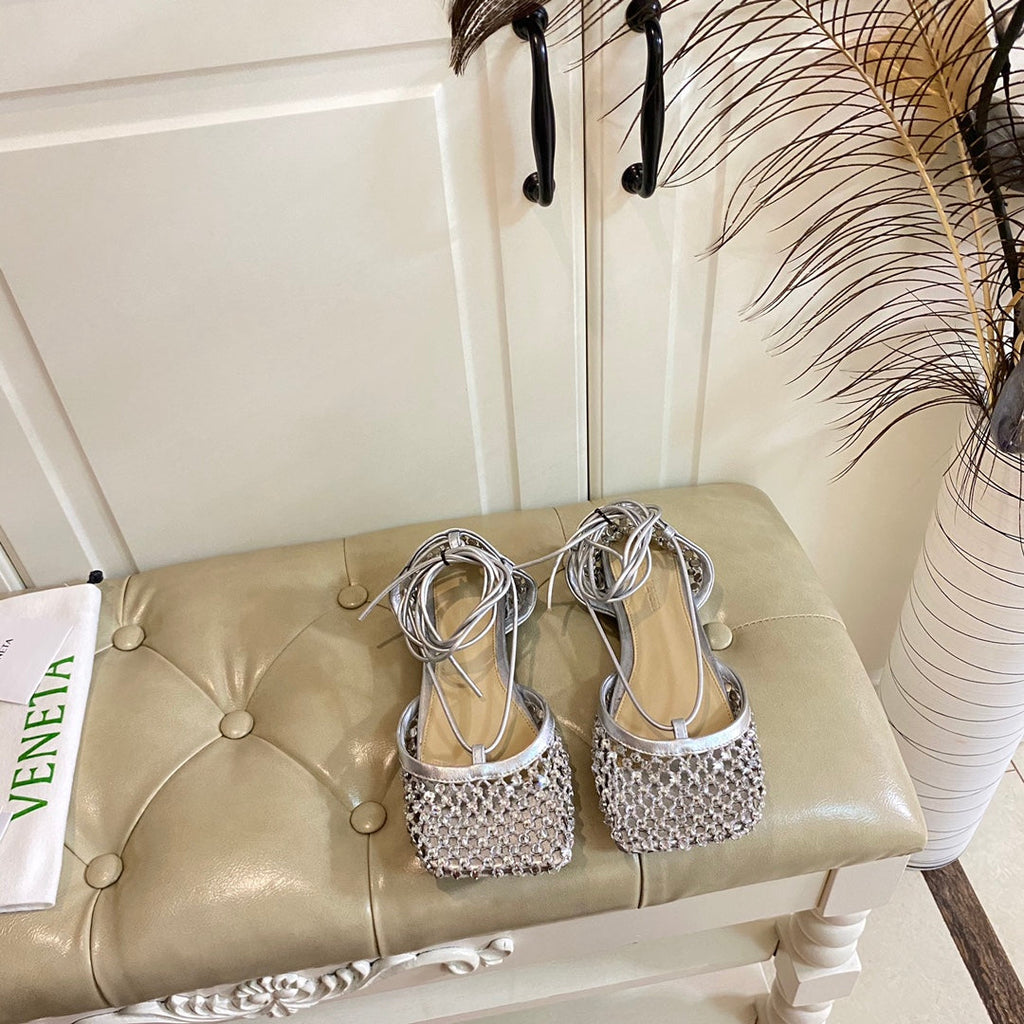 BOTTEGA VENETA LACE-UP FLAT SANDAL IN SILVER METALLIZED MESH AND LEATHER WITH RHINSTONES
