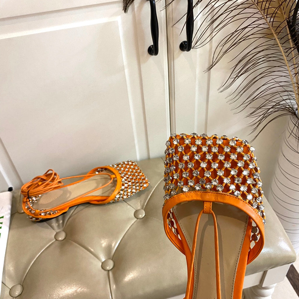 BOTTEGA VENETA LACE-UP FLAT SANDAL IN VIVID ORANGE METALLIZED MESH AND LEATHER WITH RHINSTONES