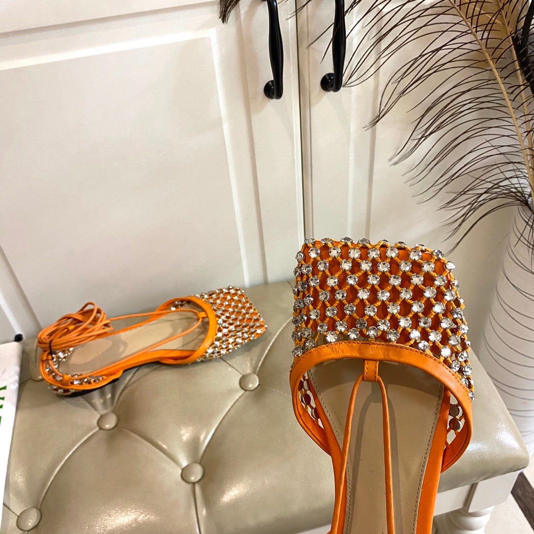 BOTTEGA VENETA LACE-UP FLAT SANDAL IN VIVID ORANGE METALLIZED MESH AND LEATHER WITH RHINSTONES