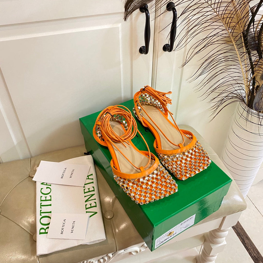 BOTTEGA VENETA LACE-UP FLAT SANDAL IN VIVID ORANGE METALLIZED MESH AND LEATHER WITH RHINSTONES