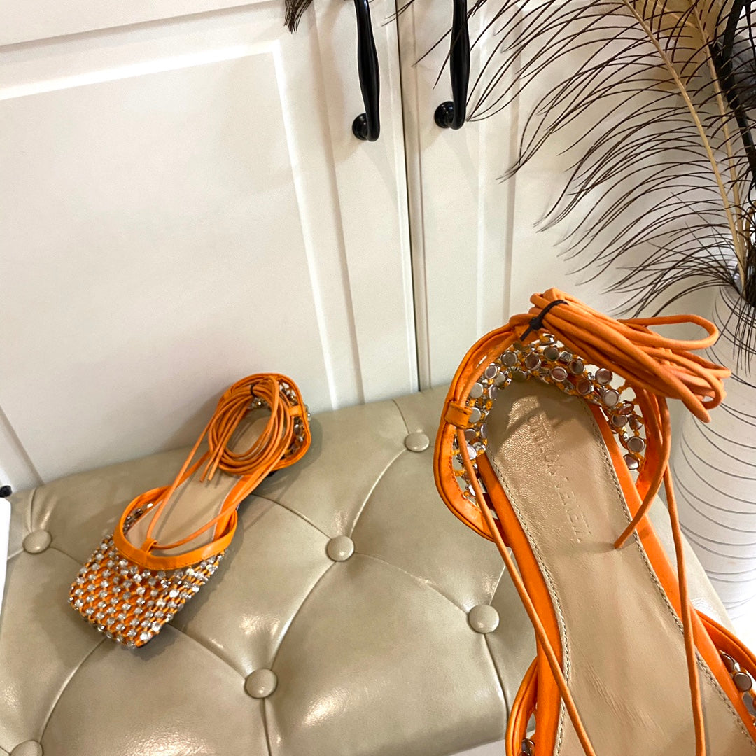 BOTTEGA VENETA LACE-UP FLAT SANDAL IN VIVID ORANGE METALLIZED MESH AND LEATHER WITH RHINSTONES