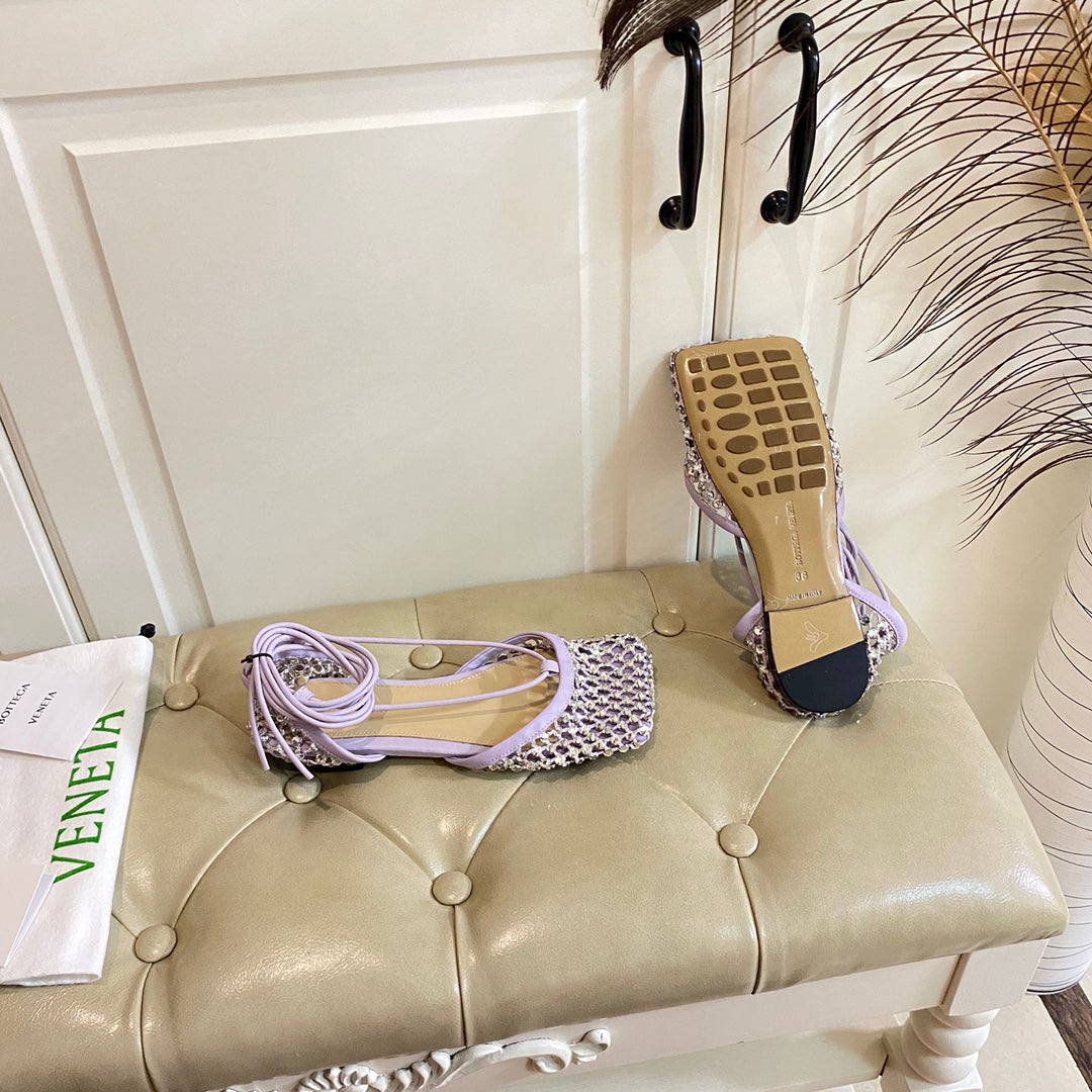 BOTTEGA VENETA LACE-UP FLAT SANDAL IN LIGHT PURPLE METALLIZED MESH AND LEATHER WITH RHINSTONES